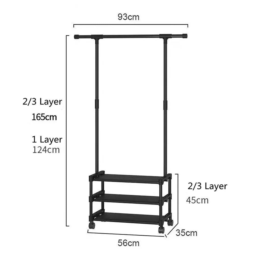 Portant à vêtements simple avec étagère à chaussures à 3 niveaux – Portant à vêtements robuste avec organiseur à chaussures, porte-chapeaux et roulettes (165 × 93 × 35 cm)