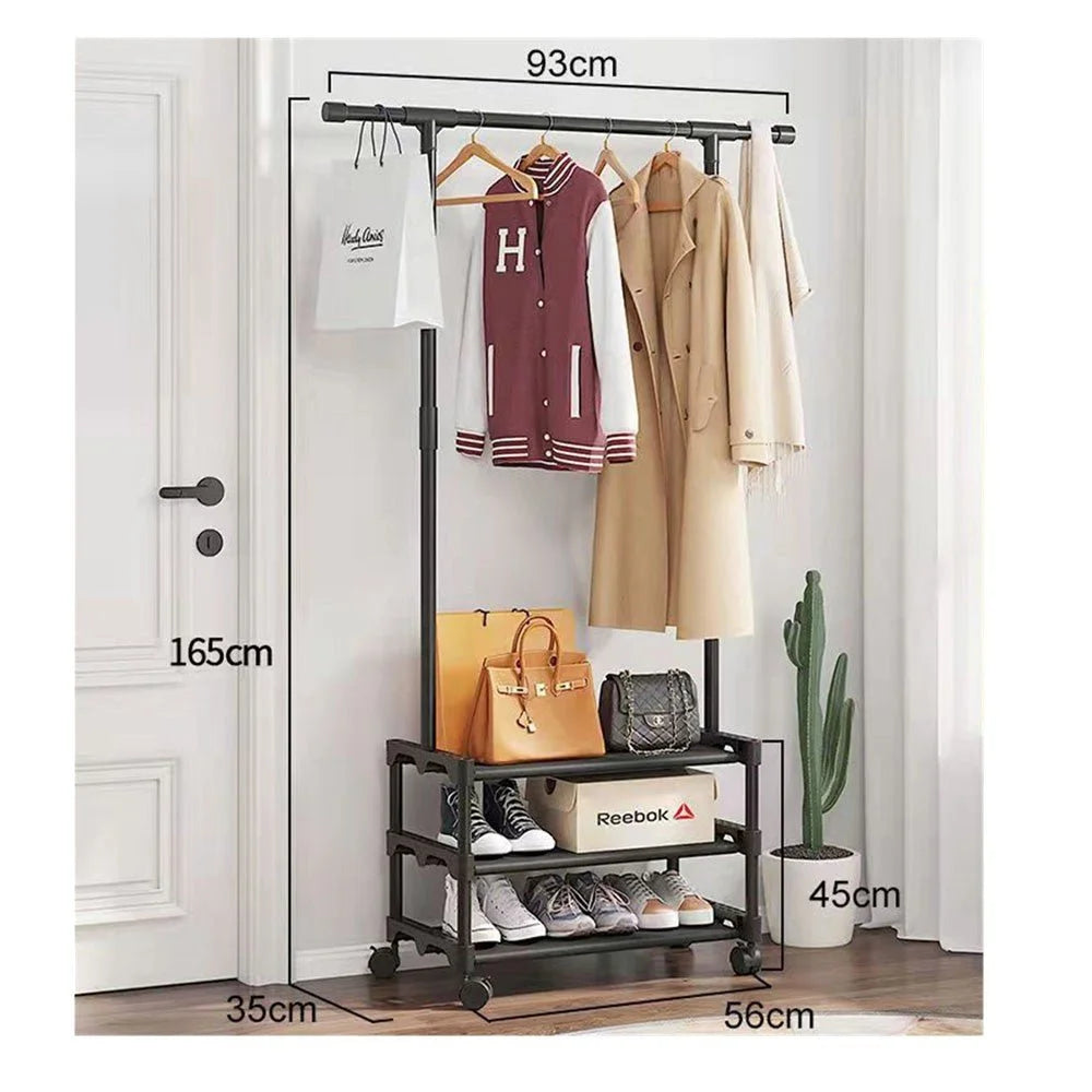 Portant à vêtements simple avec étagère à chaussures à 3 niveaux – Portant à vêtements robuste avec organiseur à chaussures, porte-chapeaux et roulettes (165 × 93 × 35 cm)
