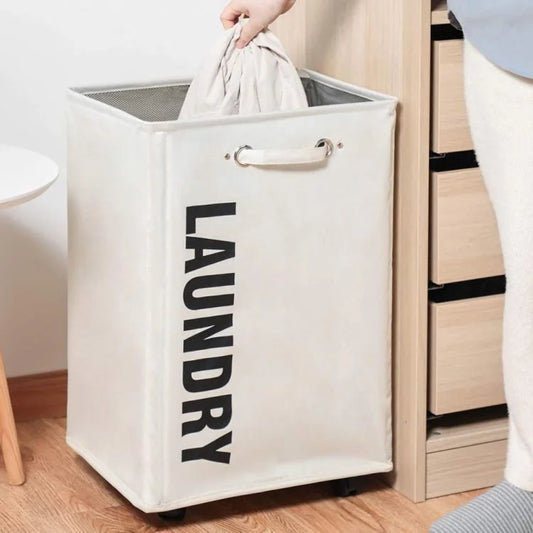 Rolling Laundry Basket with Wheels – Large Collapsible Laundry Hamper with Drawstring Mesh Cover & Handles for Clothes Storage (Beige)