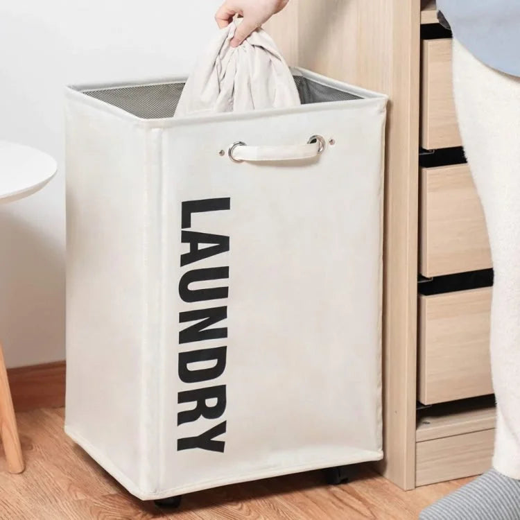 Rolling Laundry Basket with Wheels – Large Collapsible Laundry Hamper with Drawstring Mesh Cover & Handles for Clothes Storage (Beige)