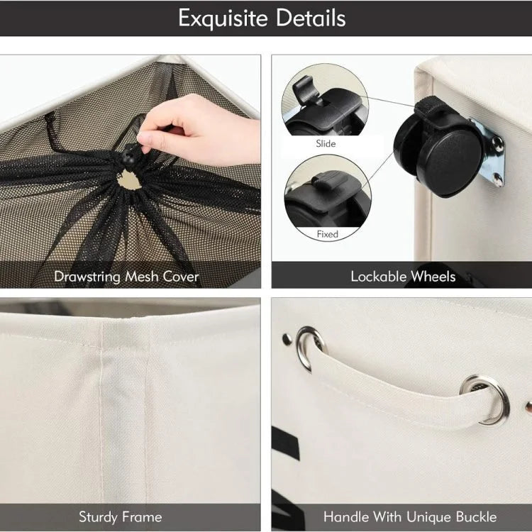 Panier à linge roulant avec roulettes – Grande corbeille à linge pliable avec couvercle en filet à cordon de serrage et poignées pour le rangement des vêtements (Beige)