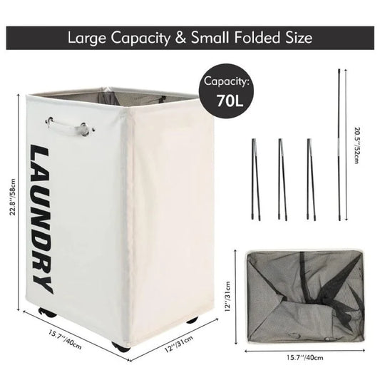 Rolling Laundry Basket with Wheels – Large Collapsible Laundry Hamper with Drawstring Mesh Cover & Handles for Clothes Storage (Beige)