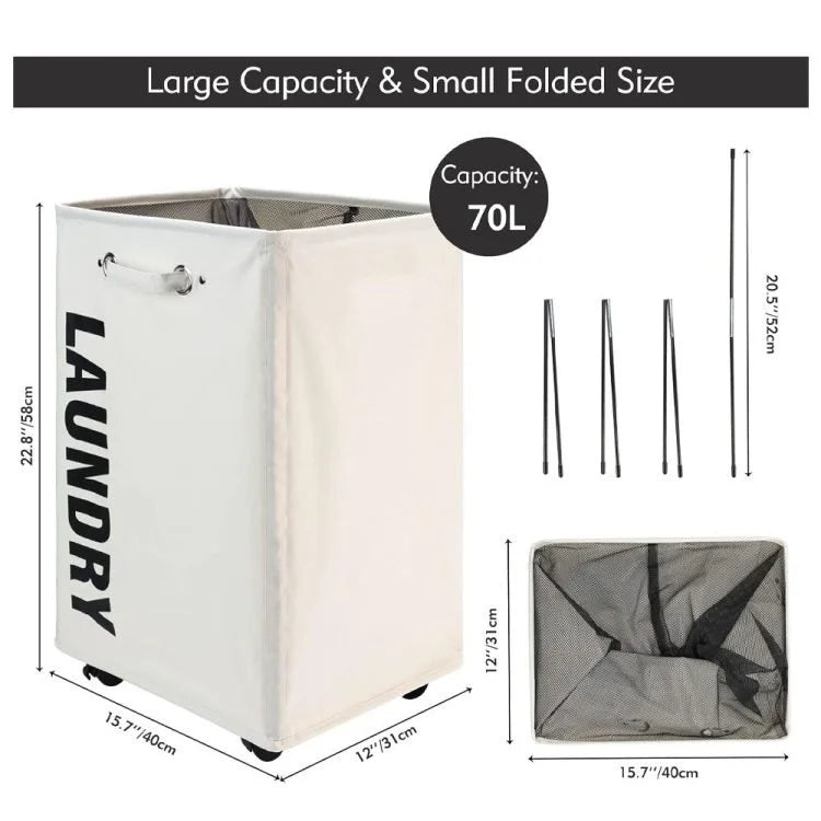 Rolling Laundry Basket with Wheels – Large Collapsible Laundry Hamper with Drawstring Mesh Cover & Handles for Clothes Storage (Beige)