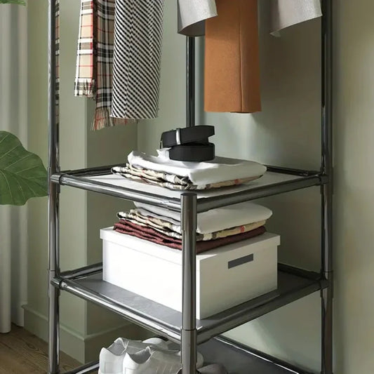 Multifunctional Corner Coat Rack with Shelves – Space Saving Clothes Organizer Stand with Shoe Storage & Double Hanging Rod