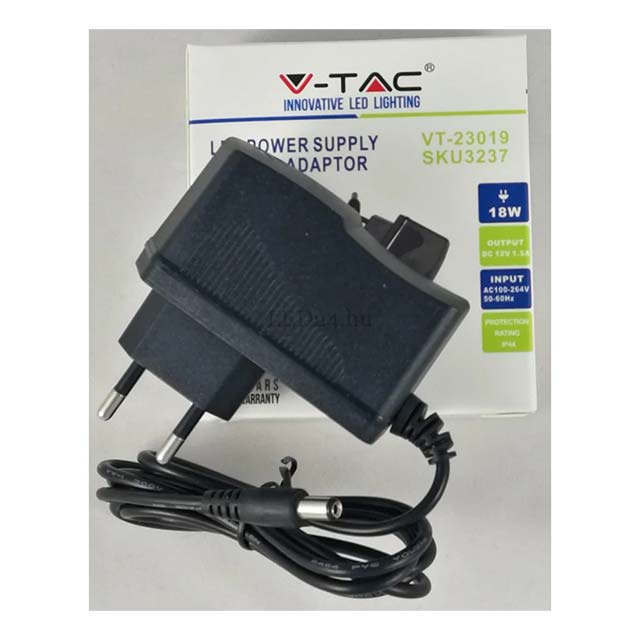 V-TAC Innovative LED Power Supply - 18W (12V, 1.5A) Plastic Adapter Series, IP44 Waterproof, AC 100-240V Input, DC Output - VT-23019 SKU3237