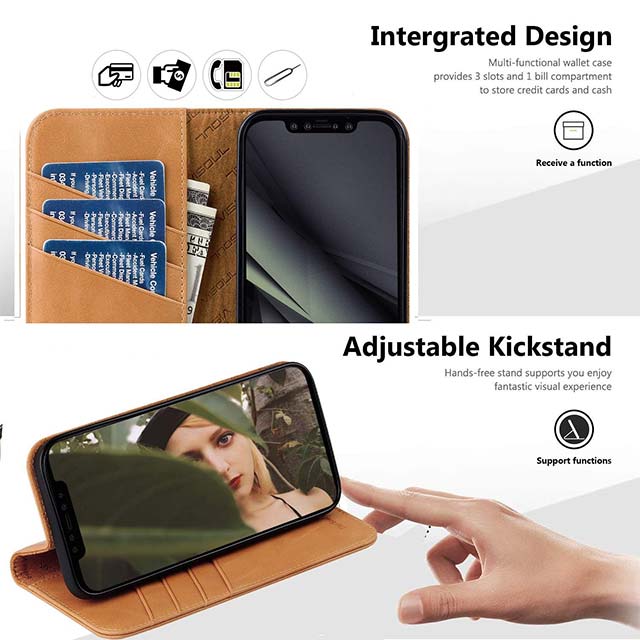 VISOUL Genuine Italian Leather iPhone 12 Pro Case – Flip Folio Wallet Cover with Magnetic Closure, Built-in Book Stand &amp; Card Slots, Shockproof Protective Case for 6.1" iPhone 12/Pro in Yellow