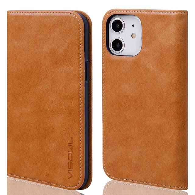 VISOUL Genuine Italian Leather iPhone 12 Pro Case – Flip Folio Wallet Cover with Magnetic Closure, Built-in Book Stand &amp; Card Slots, Shockproof Protective Case for 6.1" iPhone 12/Pro in Yellow