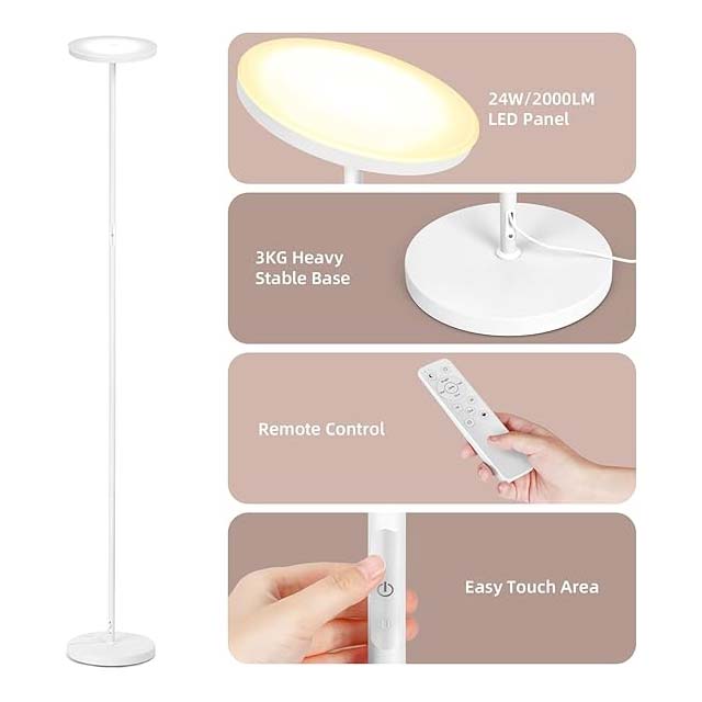 VOWNER LED Floor Lamp Ceiling Floodlight - 24W Dimmable Modern Floor Lamp with Remote Control, 3000K-6500K Adjustable Color Temperature, Touch Control, Ideal for Living Room, [Energy Class F]