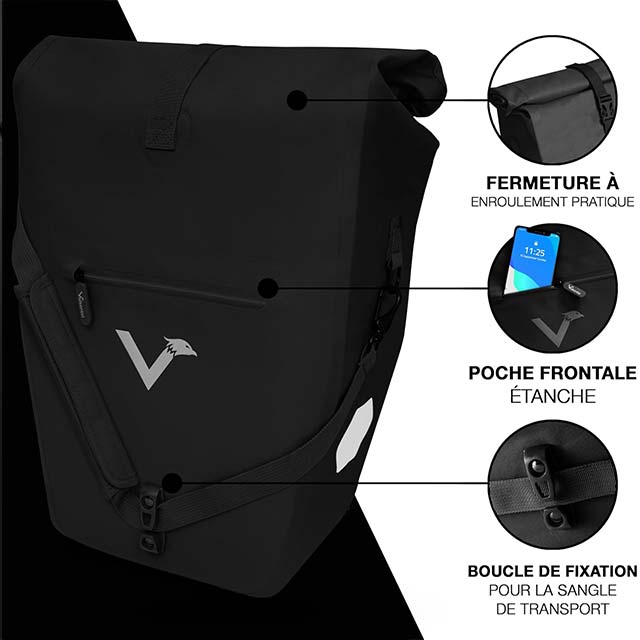 Valkental 2-in-1 Eco-Friendly Waterproof Bicycle Bag – 23-28L Adjustable Pannier with Laptop Compartment (Black)