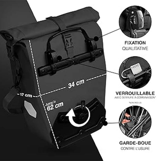 Valkental 2-in-1 Eco-Friendly Waterproof Bicycle Bag – 23-28L Adjustable Pannier with Laptop Compartment (Black)