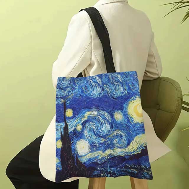 Van Gogh Art Linen Shoulder Bag – Lightweight Tote with Starry Night, Sunflower & Apricot Blossom Prints