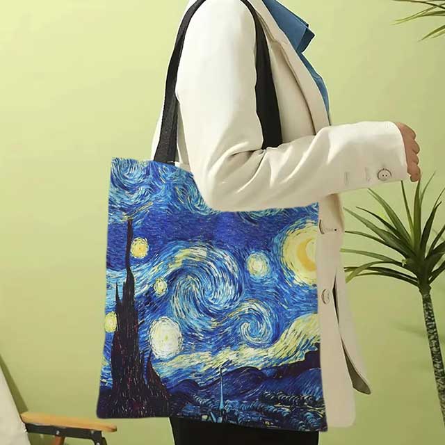 Van Gogh Art Linen Shoulder Bag – Lightweight Tote with Starry Night, Sunflower & Apricot Blossom Prints
