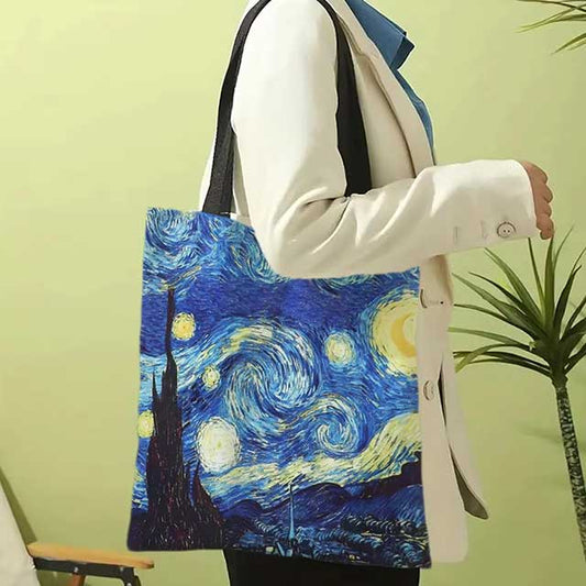 Van Gogh Art Linen Shoulder Bag – Lightweight Tote with Starry Night, Sunflower & Apricot Blossom Prints