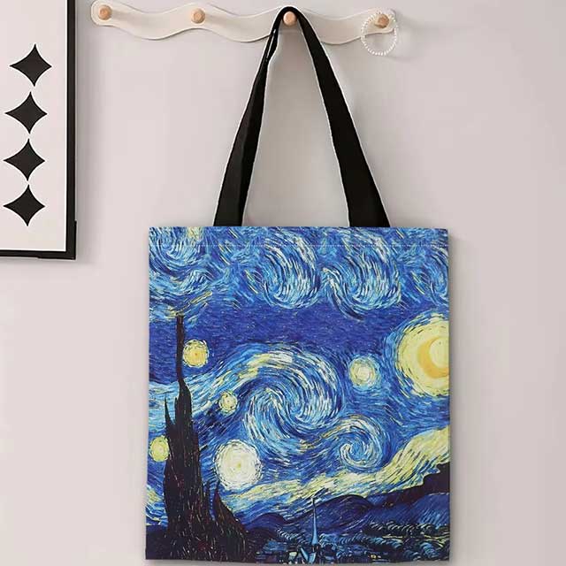 Van Gogh Art Linen Shoulder Bag – Lightweight Tote with Starry Night, Sunflower & Apricot Blossom Prints