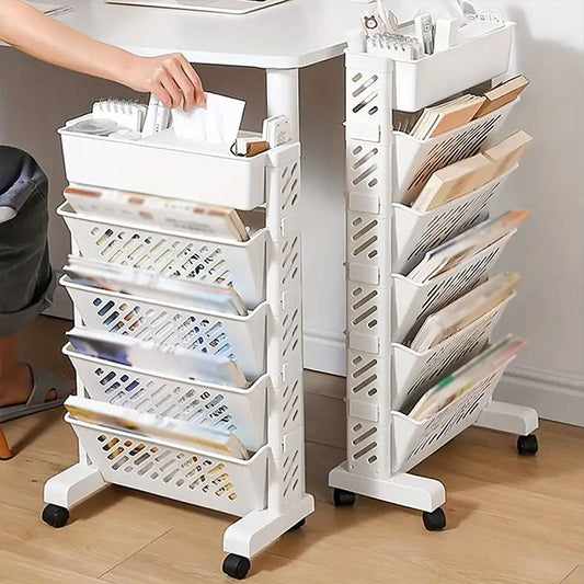 Versatile Multi-Tier Rolling File Organizer – Mobile Desk Side Storage Rack for Books, Magazines & Office Supplies | Durable & Space-Saving PP Material