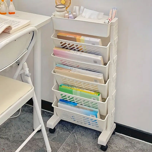 Versatile Multi-Tier Rolling File Organizer – Mobile Desk Side Storage Rack for Books, Magazines & Office Supplies | Durable & Space-Saving PP Material