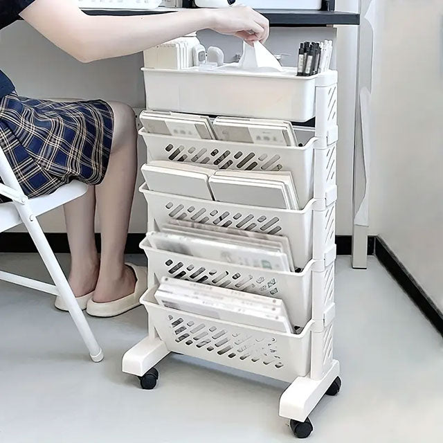 Versatile Multi-Tier Rolling File Organizer – Mobile Desk Side Storage Rack for Books, Magazines & Office Supplies | Durable & Space-Saving PP Material