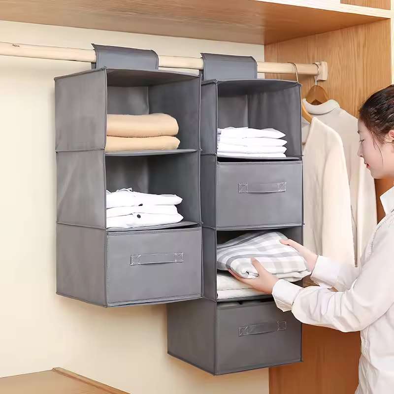Organisateur de placard suspendu vertical – Étagères de rangement 4 et 5 niveaux pour armoire avec tiroir optionnel – Organisateur de vêtements pliable pour pulls, linge de maison et accessoires – Séparateur de placard suspendu peu encombrant