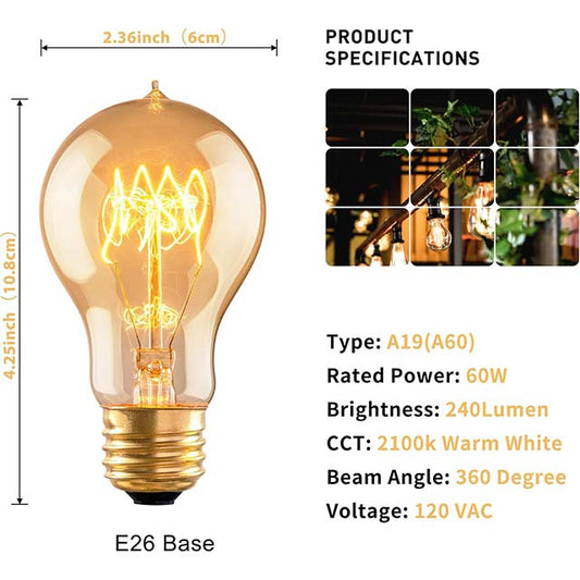60W A60 Vintage Edison Light Bulb – E26 Soft Yellow Amber Retro Dimmable Squirrel Cage Halogen Bulb