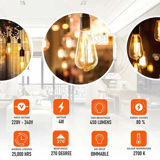 Vintage Filament LED Edison Bulb – Dimmable E14/E27 Decorative Industrial Light for Home, Café & Restaurant Décor