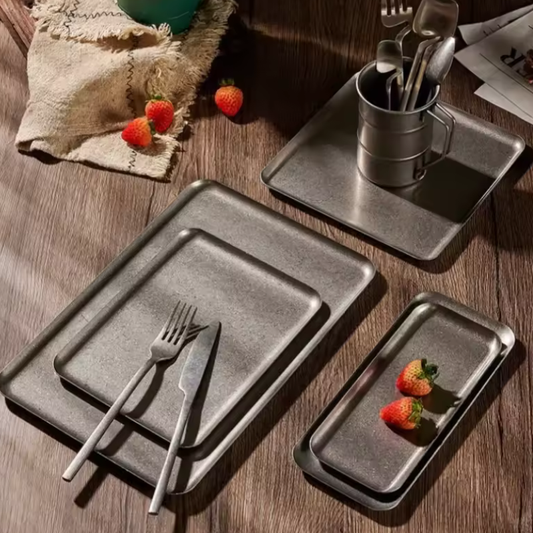 Vintage 304 Stainless Steel Snowflake Silver Square Tray - Elegant Round Edge Dinner & Dessert Plate
