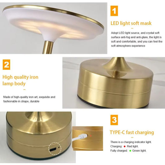 Vintage Metal LED Desk Lamp – Touch Control Dimmable Bedside Lamp – Rechargeable & Portable Ambient Light for Office, Bar, and Living Room – Modern Iron & Acrylic Night Light (Gold/Silver/Black)