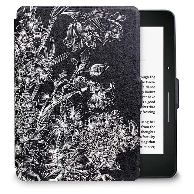 WALNEW Protective Case for Amazon Kindle Voyage – Ultra-Thin, Lightweight PU Leather Cover with Auto Sleep/Wake &amp; Elegant Black Flower Design