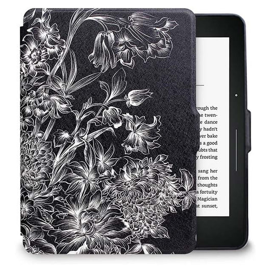WALNEW Protective Case for Amazon Kindle Voyage – Ultra-Thin, Lightweight PU Leather Cover with Auto Sleep/Wake &amp; Elegant Black Flower Design