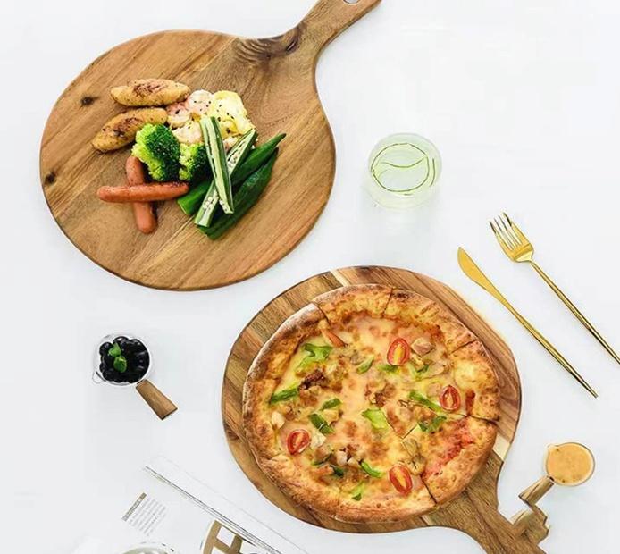 Planche de service ronde en bambou avec poignée – Plateau de service en bois pour pizza, fromage et charcuterie