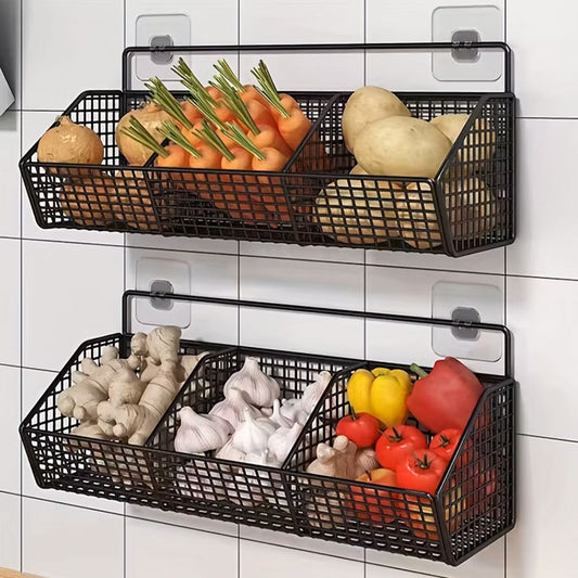 Wall Mounted Metal Wire Kitchen Storage Basket | Durable Spice, Garlic & Onion Organizer | Hanging Vegetable & Produce Rack for Pantry