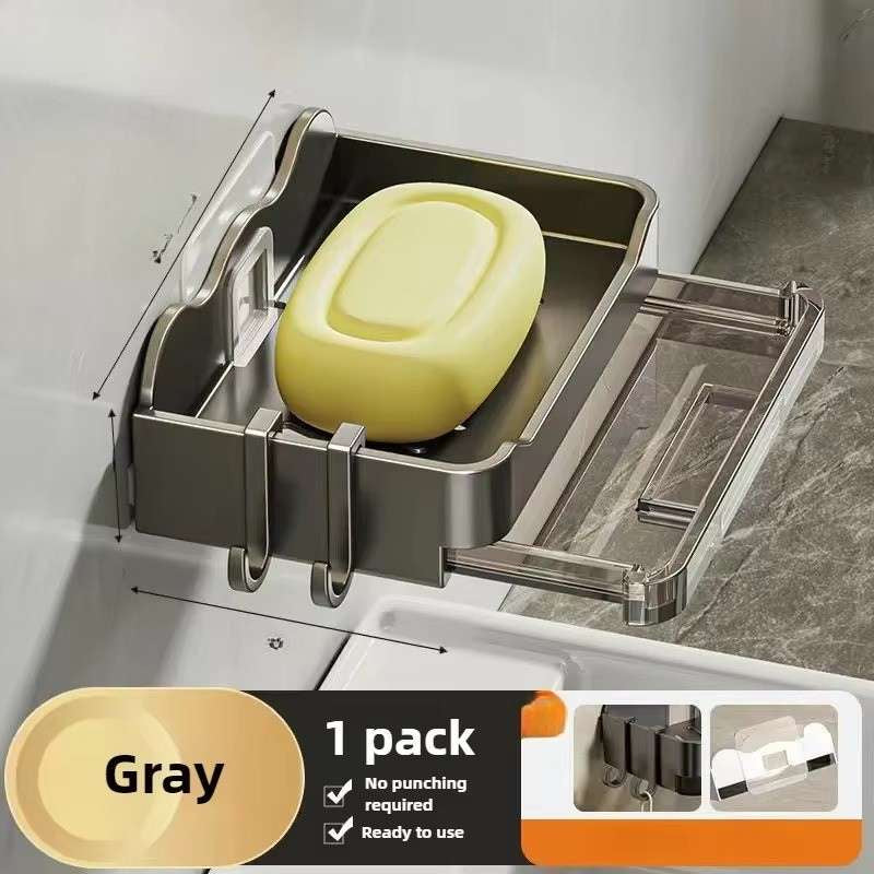 Porte-savon mural à double drainage – Porte-savon auto-drainant sans perçage et organisateur d'éponge de cuisine – Plateau à savon adhésif robuste sans perforation – Rangement moderne pour salle de bain et cuisine (Noir / Blanc / Gris)