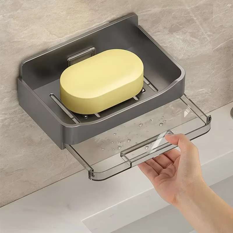 Porte-savon mural à double drainage – Porte-savon auto-drainant sans perçage et organisateur d'éponge de cuisine – Plateau à savon adhésif robuste sans perforation – Rangement moderne pour salle de bain et cuisine (Noir / Blanc / Gris)