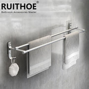50cm Wall-Mounted Double Towel Bar – No-Drill Space Aluminum Hand Towel Rack – 50cm 2-Tier Storage Holder for Bathroom & Kitchen (Black/Silver)