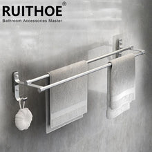 50cm Wall-Mounted Double Towel Bar – No-Drill Space Aluminum Hand Towel Rack – 50cm 2-Tier Storage Holder for Bathroom & Kitchen (Black/Silver)