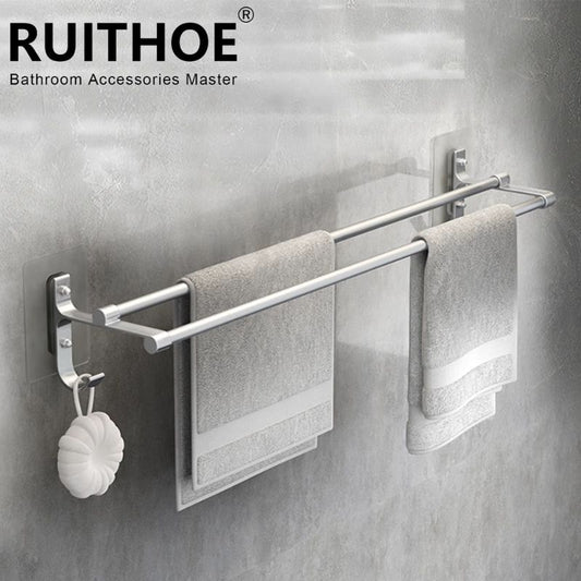 50cm Wall-Mounted Double Towel Bar – No-Drill Space Aluminum Hand Towel Rack – 50cm 2-Tier Storage Holder for Bathroom & Kitchen (Black/Silver)