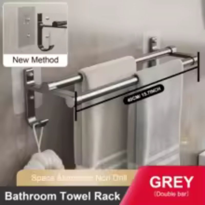 50cm Wall-Mounted Double Towel Bar – No-Drill Space Aluminum Hand Towel Rack – 50cm 2-Tier Storage Holder for Bathroom & Kitchen (Black/Silver)