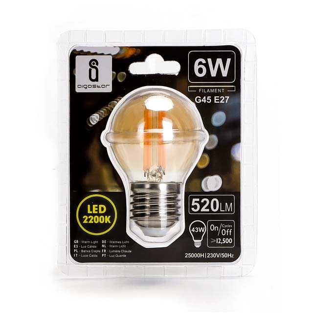 LED Filament G45 6W E27 2200K – Warm Yellow Light Bulb for Cozy Ambiance