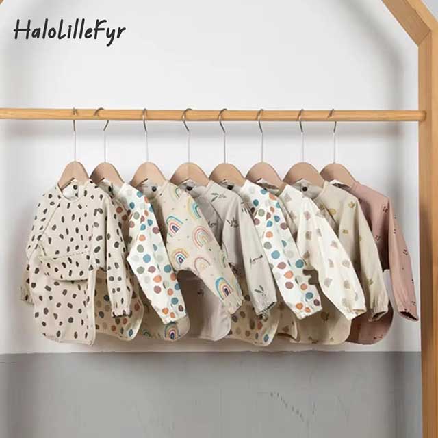New Children Feeding Aprons Long Sleeve Baby Bib With Pocket Full Cover Kid Gown With Bag Waterproof Long-Sleeve Smock