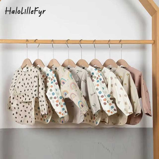 New Children Feeding Aprons Long Sleeve Baby Bib With Pocket Full Cover Kid Gown With Bag Waterproof Long-Sleeve Smock