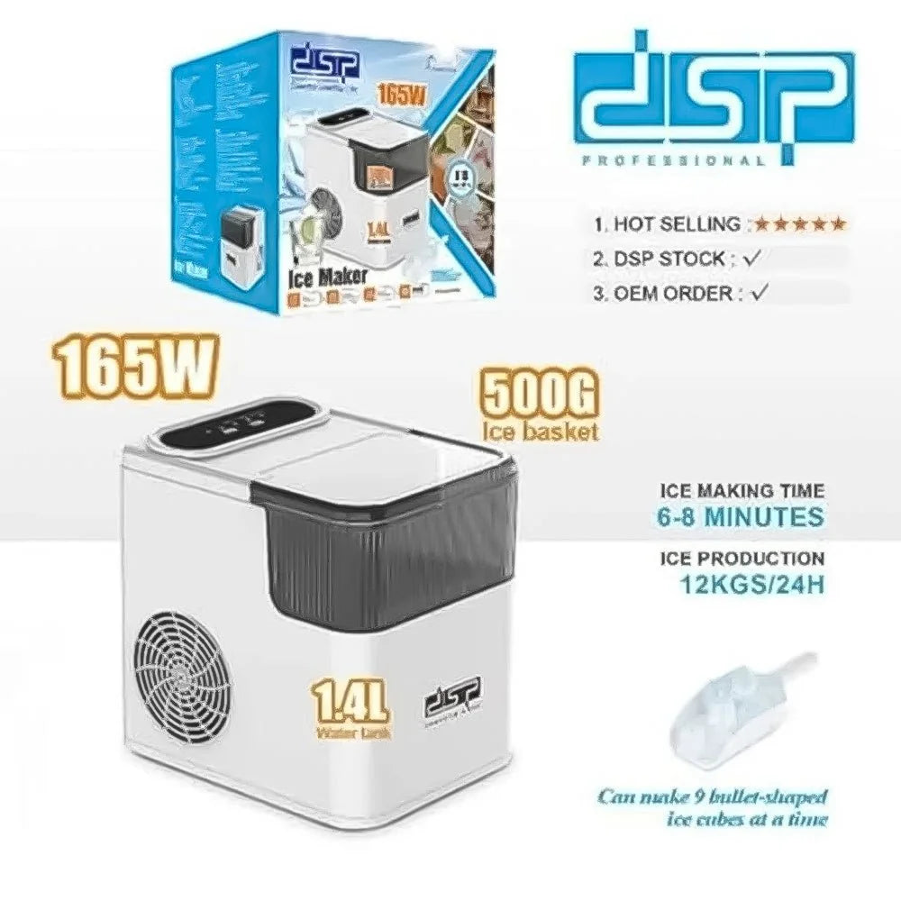 DSP 165W Countertop Ice Maker Machine – 12kg/24H Portable Ice Cube Maker with Ice Scoop, 9 Bullet Ice Cubes in 6–8 Minutes