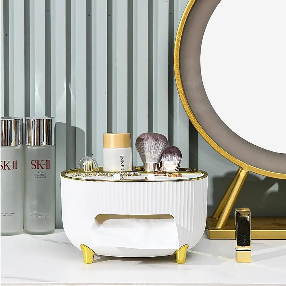 Luxury Tissue Box Holder with Mobile Phone Stand & Makeup Organizer – Desktop Storage Case