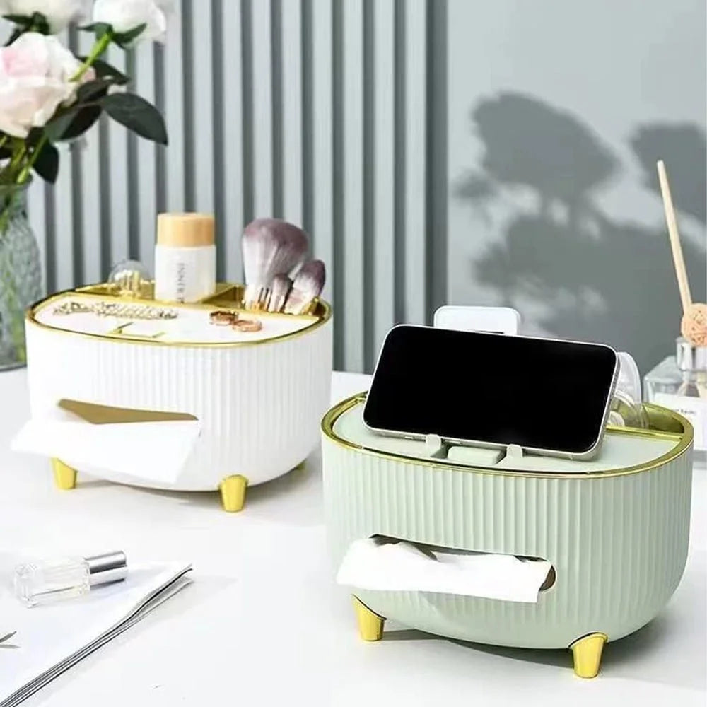 Boîte à mouchoirs de luxe avec support pour téléphone portable et organisateur de maquillage – Boîte de rangement de bureau