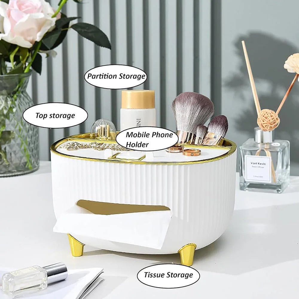 Boîte à mouchoirs de luxe avec support pour téléphone portable et organisateur de maquillage – Boîte de rangement de bureau