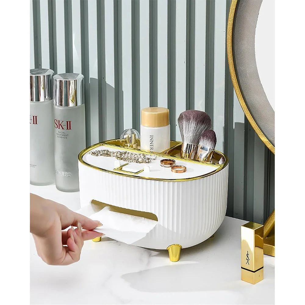 Luxury Tissue Box Holder with Mobile Phone Stand & Makeup Organizer – Desktop Storage Case