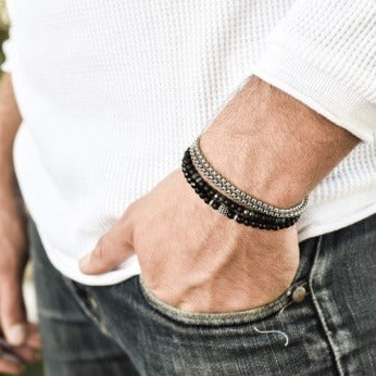 Ensemble de 3 bracelets noirs perlés pour hommes – Onyx mat et chaîne en acier inoxydable avec entretoise en zircon