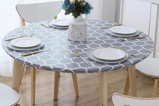 Round Waterproof PVC Tablecloth with Elastic Edges – Oil-Proof & Spill-Proof Protective Cover – Fitted Table Overlay for Weddings, Kitchens, and Outdoor Parties