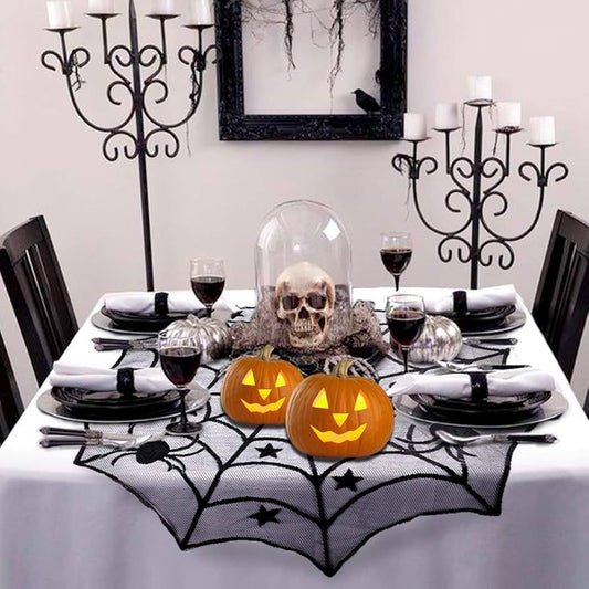 Halloween Spider Web Tablecloth – Round Black Spider Web Table Cover Decoration 102cm / 40in
