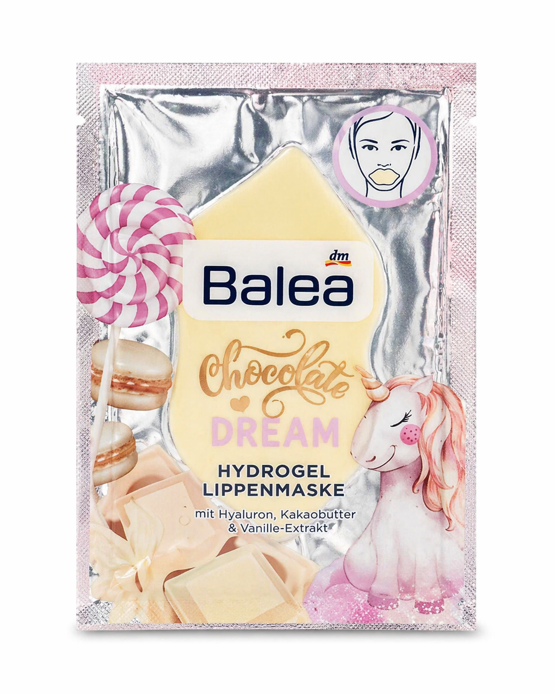 Masque lèvres hydrogel Balea Chocolate Dream – Traitement hydratant pour les lèvres à l'acide hyaluronique