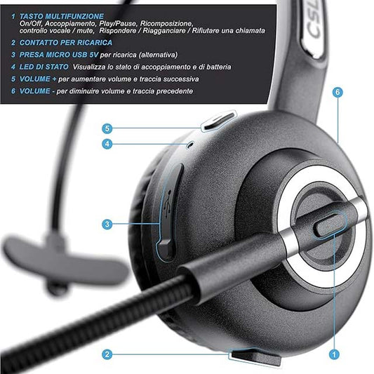 CSL Bluetooth Headphones with Charging Station – Wireless Noise-Canceling Headset for Skype, Call Centers & Multipoint Connectivity