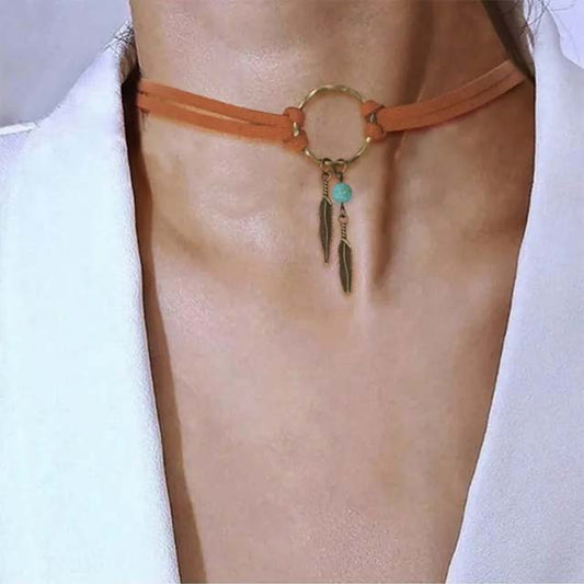 Women's Boho Leather Choker Necklace with Feather &amp; Bead Pendant – Fashion Party Jewelry Gift
